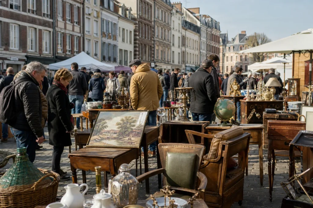 shoppers browsing antique and vintage market stalls at Réderie d’Amiens in France
