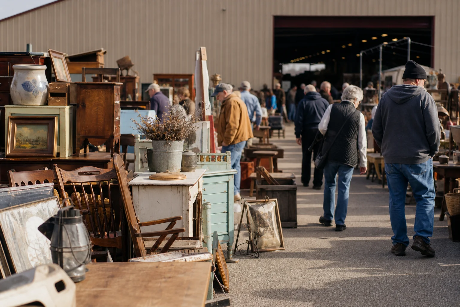 shoppers browsing antique and vintage market stalls at Renningers Adamstown Antiques Market in Pennsylvania