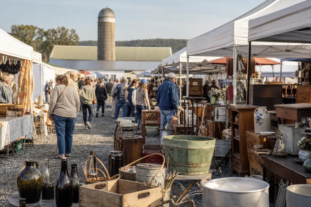 shoppers browsing antique and vintage market stalls at Renningers Kutztown Farmers and Antiques Market in Pennsylvania