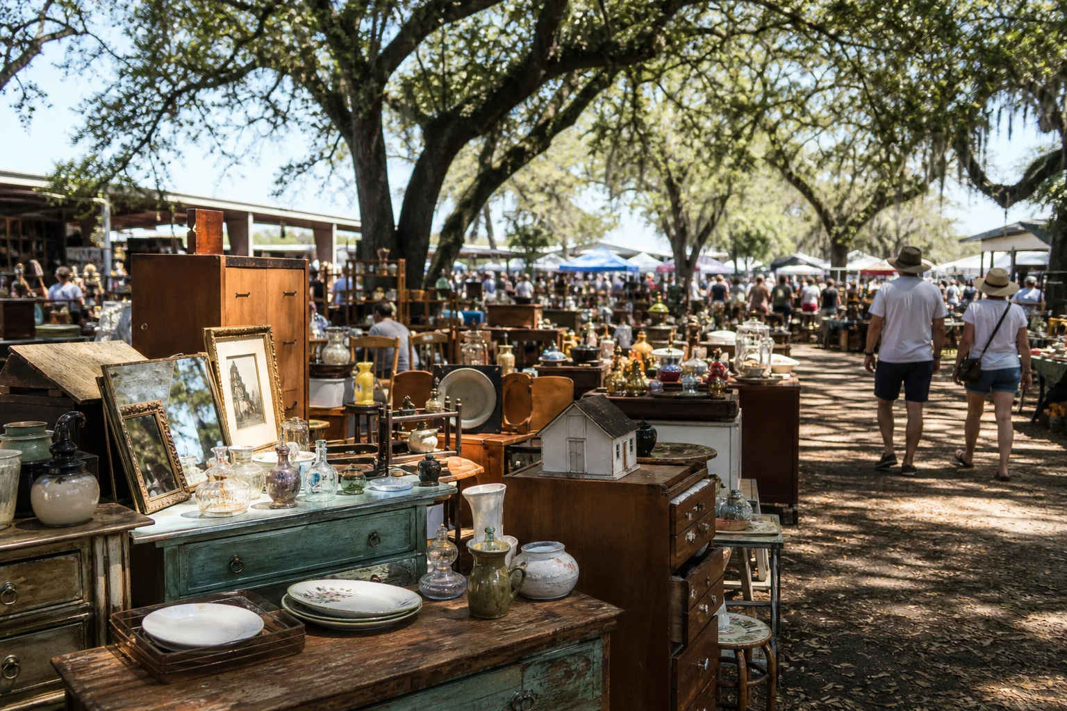 shoppers browsing antique and vintage market stalls at Renninger’s Mount Dora Flea Market and Antique Center in Florida