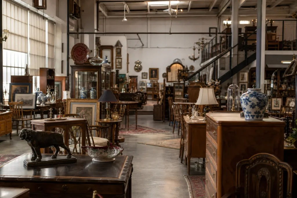 shoppers browsing antique and vintage market stalls at Rhode Island Antique Mall