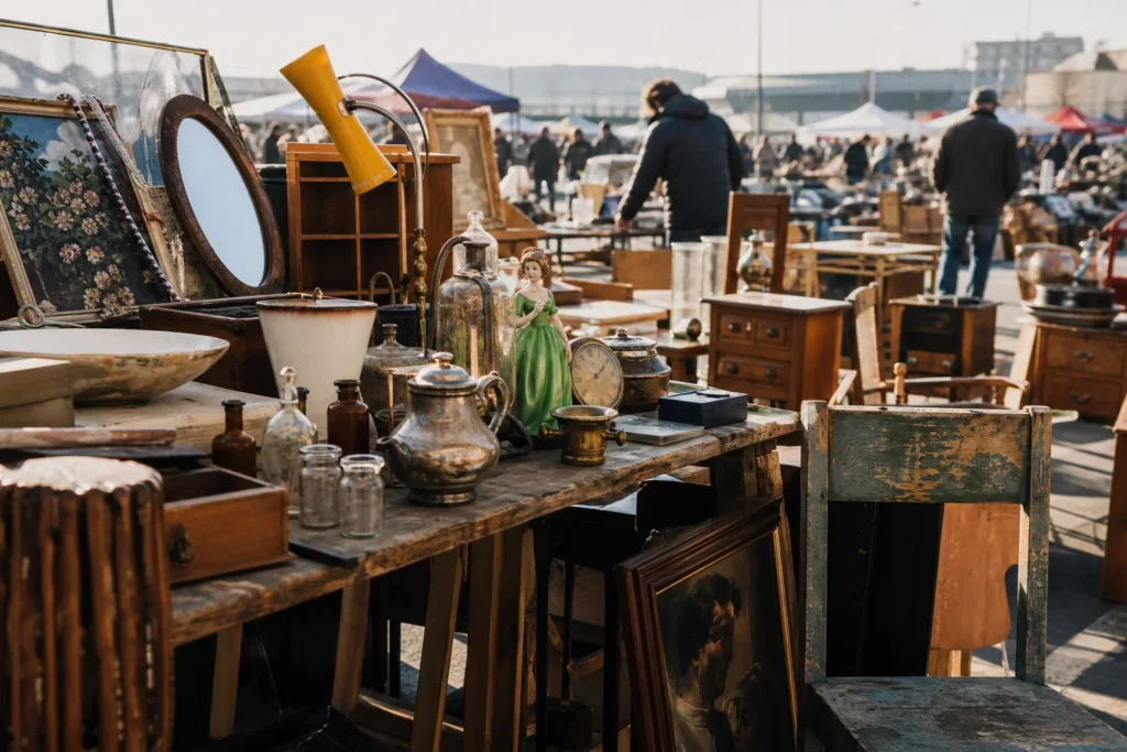 shoppers browsing antique and vintage market stalls at Riesenflohmarkt Wienerberg in Austria