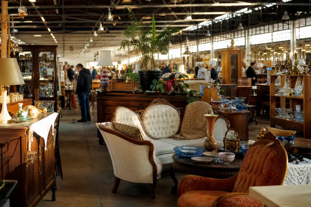shoppers browsing antique and vintage market stalls at Roadshow Antiques Pickering in Canada, Ontario