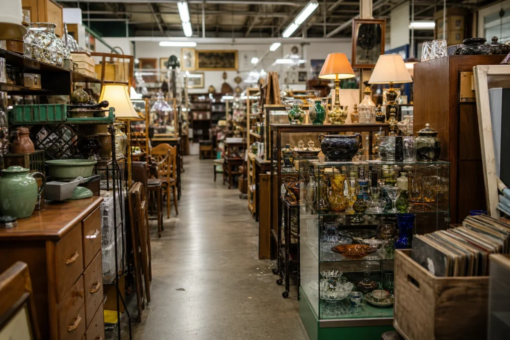 shoppers browsing antique and vintage market stalls at Rocky Mountain Antique Mall in Alberta, Canada