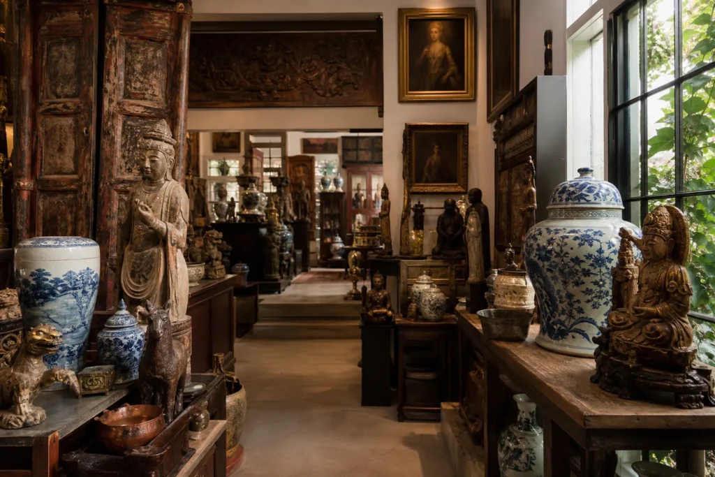 shoppers browsing antique and vintage market stalls at Rodrigo Rivero Lake Antiques in Mexico