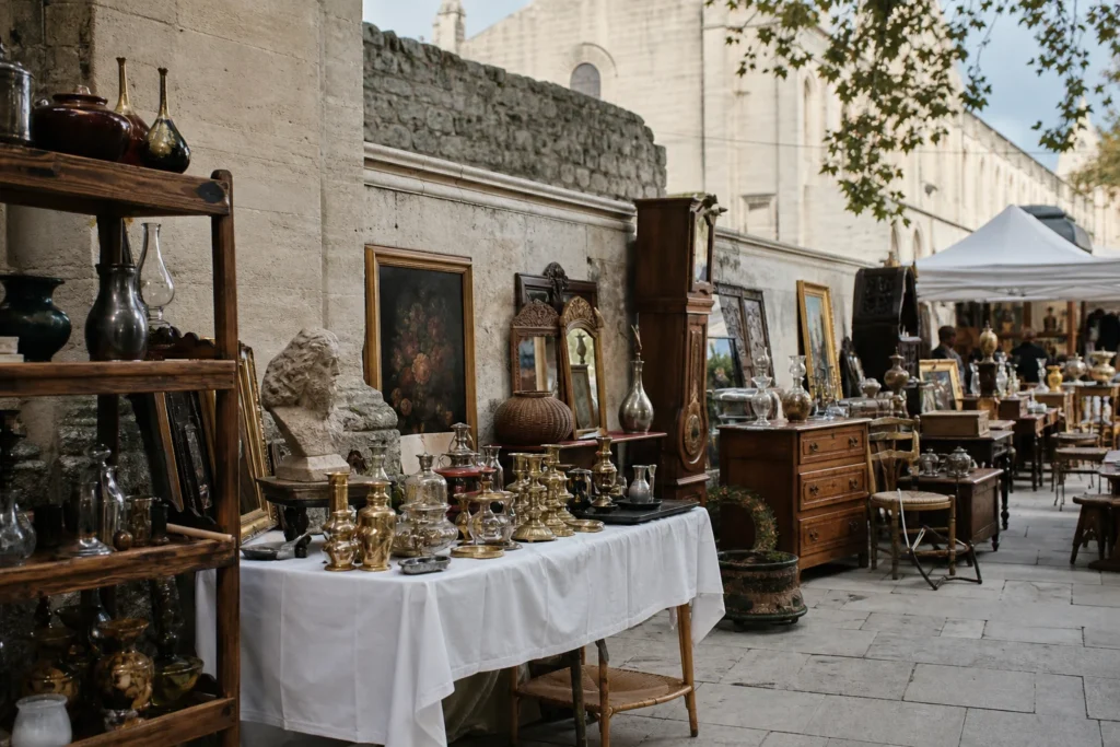 shoppers browsing antique and vintage market stalls at Ronati in Place Charles David, 30400 Villeneuve-lès-Avignon, France