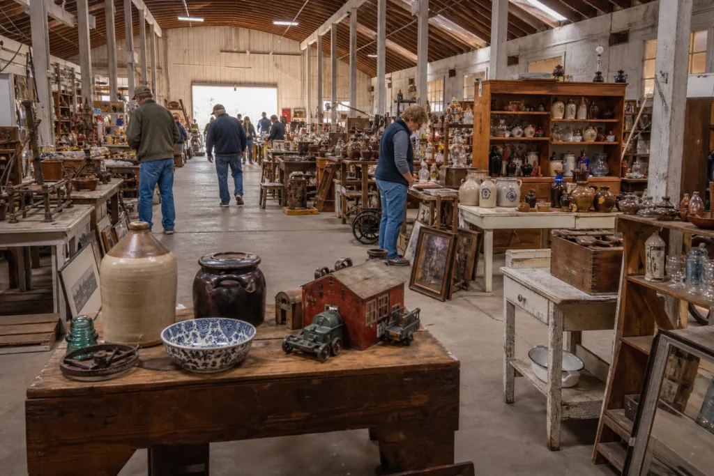 shoppers browsing antique and vintage market stalls at Roots Old Mill Flea Market in Pennsylvania