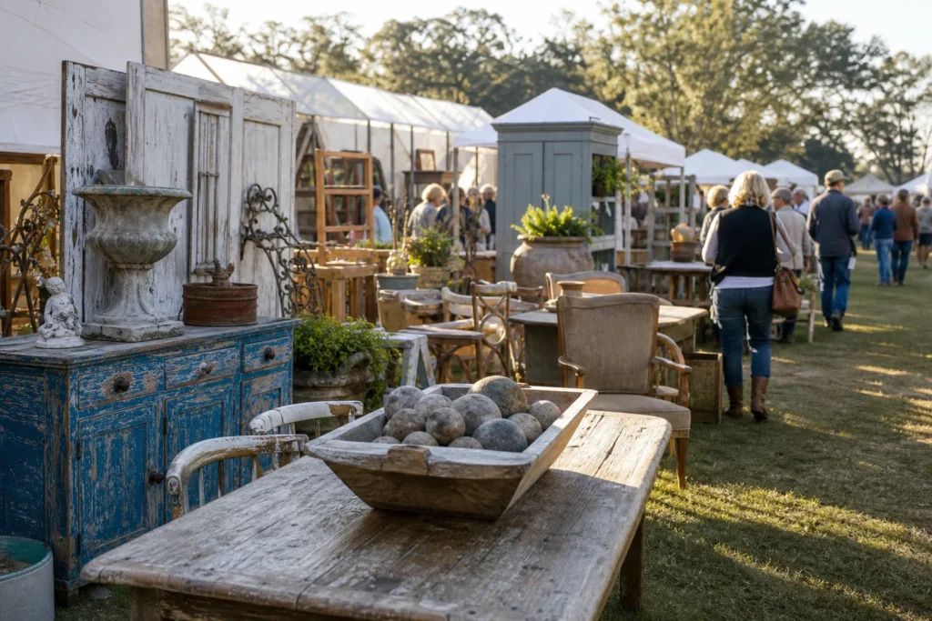 shoppers browsing antique and vintage market stalls at Round Top Antiques Fair in Texas