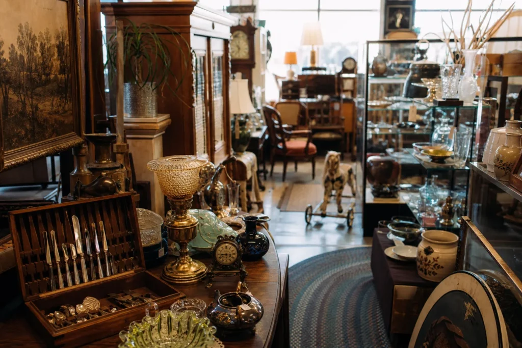 shoppers browsing antique and vintage market stalls at Route 10 Trader Antiques and Treasures in Connecticut