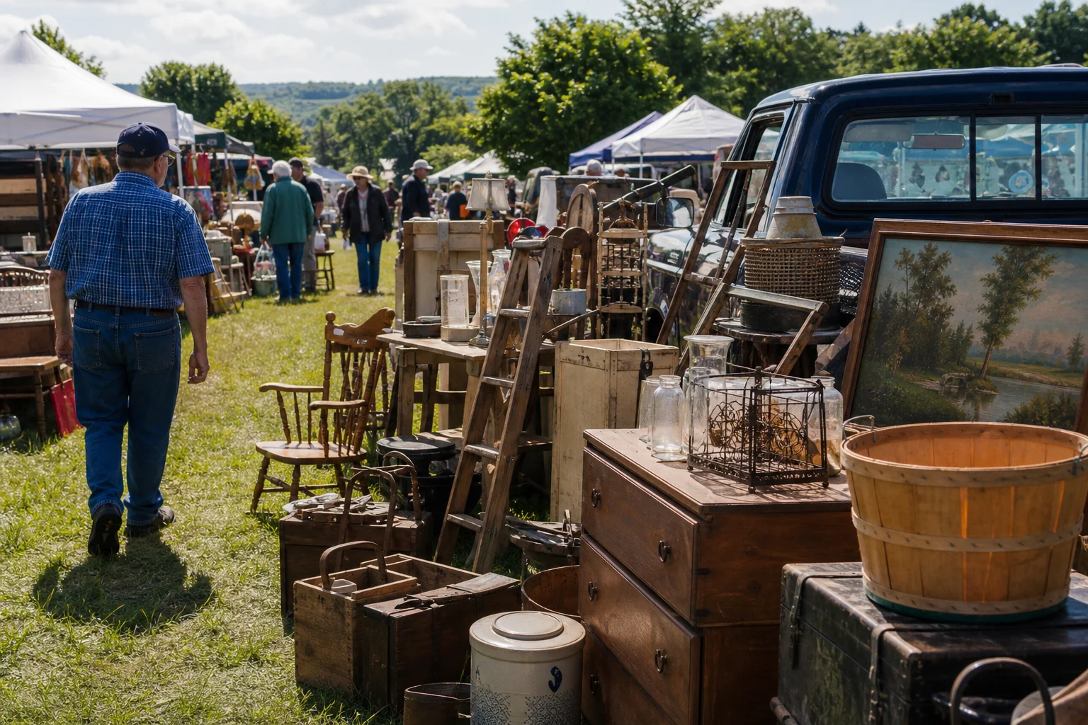shoppers browsing antique and vintage market stalls at Route 90 – 50 Mile Garage Sale in New York State
