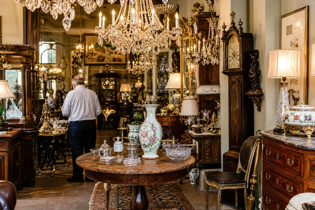 shoppers browsing antique and vintage market stalls at Royal Antiques in Louisiana, New Orleans