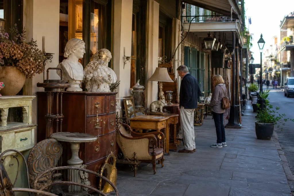 shoppers browsing antique and vintage market stalls at Royal Street – New Orleans French Quarter in Louisiana, New Orleans