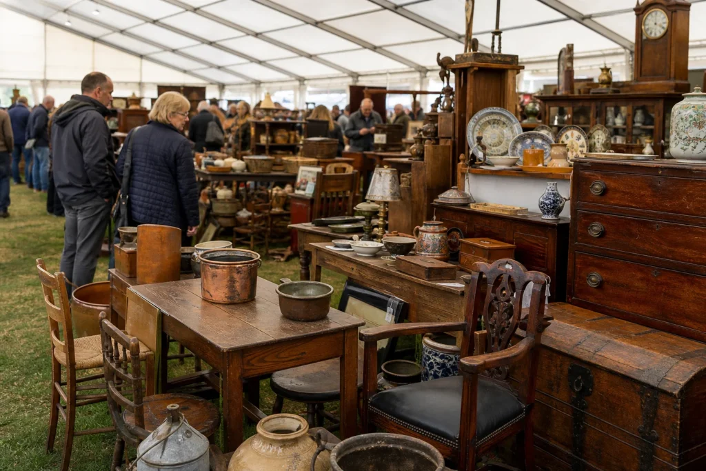 shoppers browsing antique and vintage market stalls at Runway Monday at Newark Antiques and Collectors Fair in United Kingdom