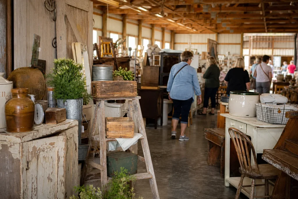 shoppers browsing antique and vintage market stalls at Rustique Flea & Vintage Marketplace in Iowa