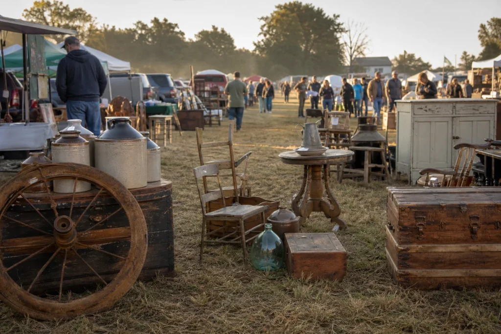 shoppers browsing antique and vintage market stalls at Rutledge Flea Market in Missouri