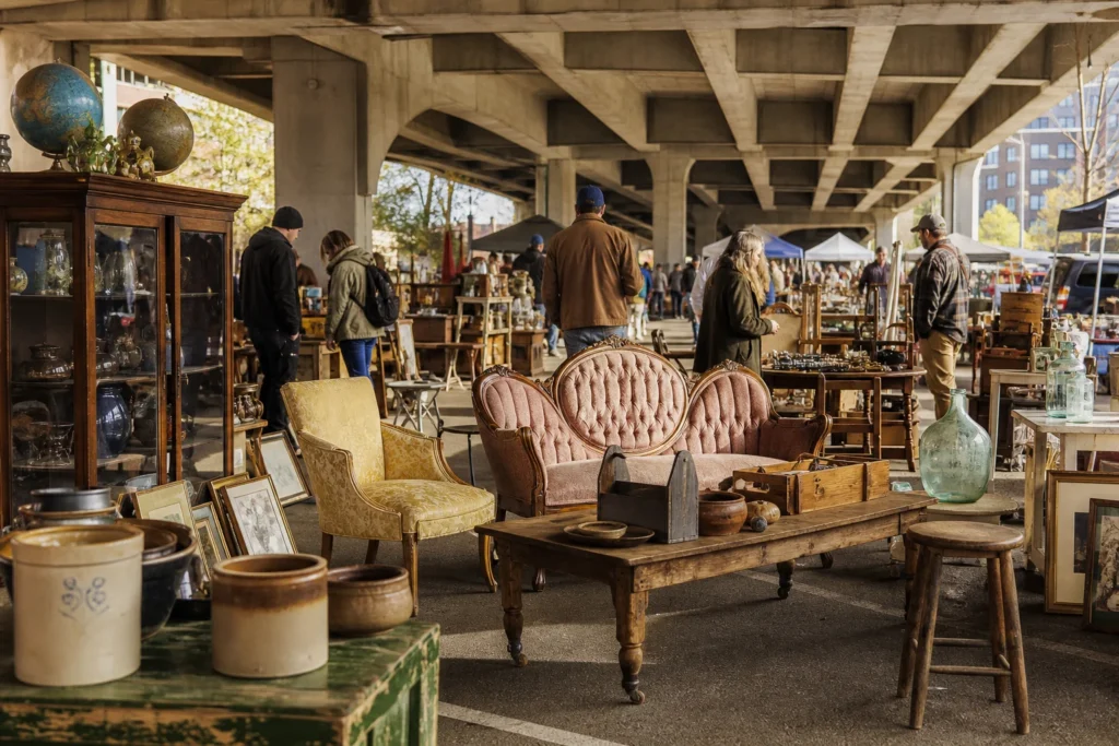 shoppers browsing antique and vintage market stalls at Sacramento Antique Faire in California