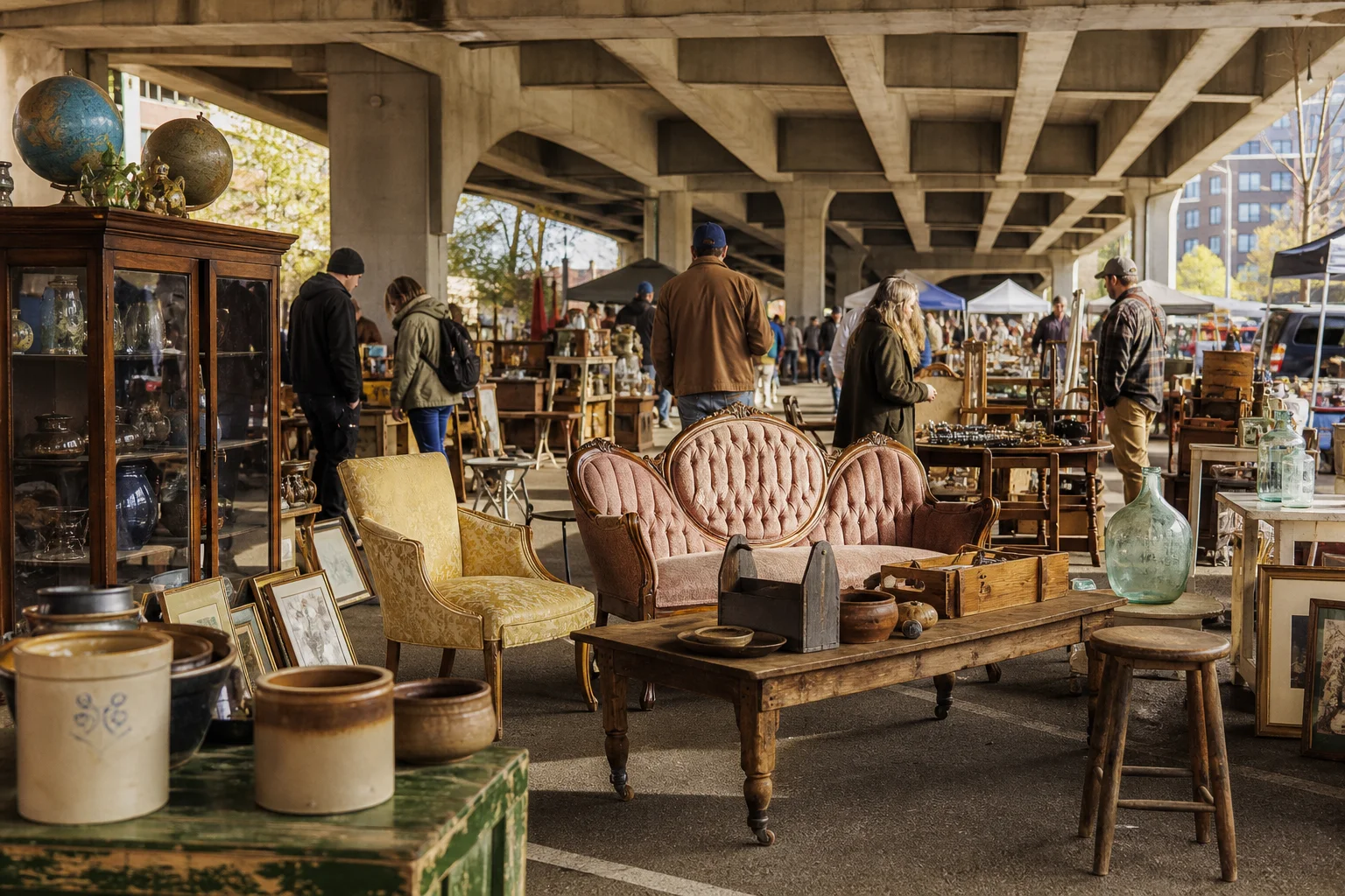 shoppers browsing antique and vintage market stalls at Sacramento Antique Faire in California