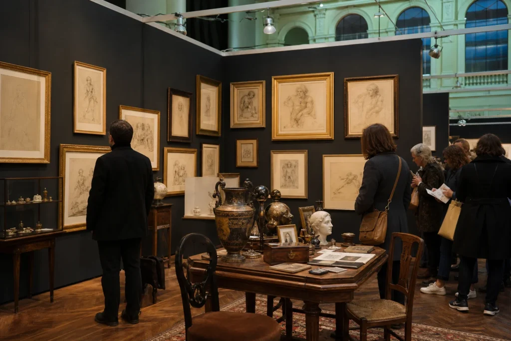 shoppers browsing antique and vintage market stalls at Salon du Dessin in Paris