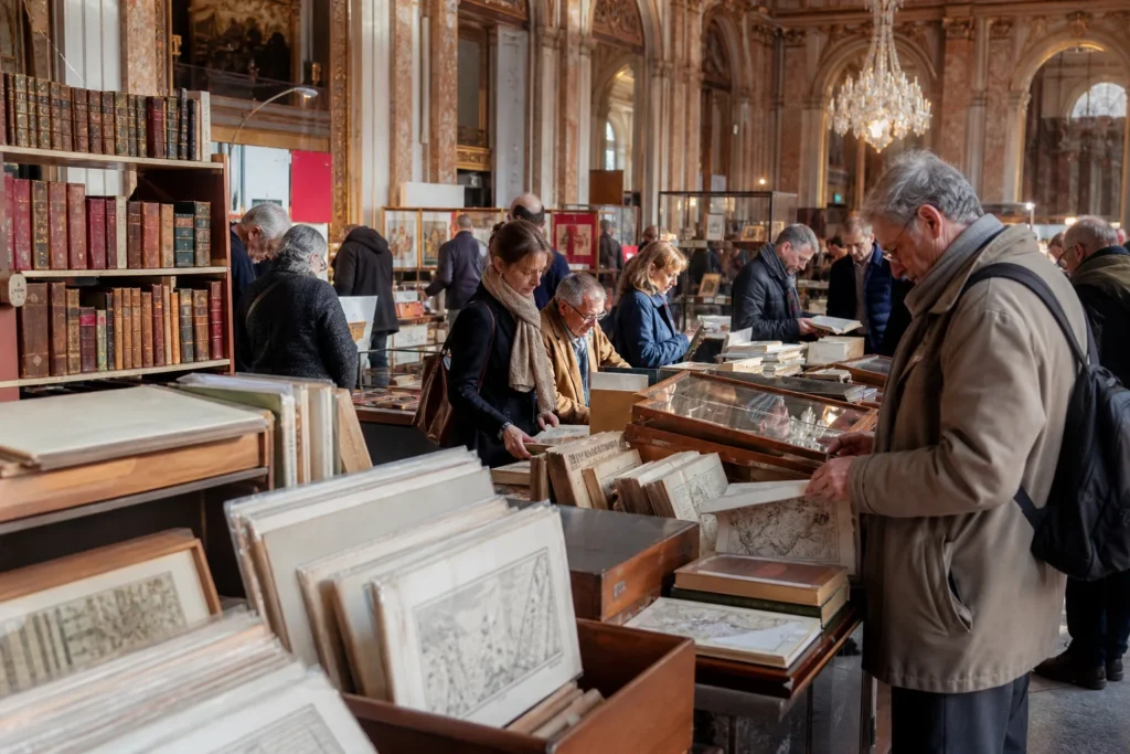 shoppers browsing antique and vintage market stalls at Salon International du Livre Rare in Paris
