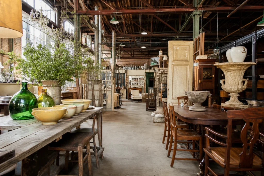 shoppers browsing antique and vintage market stalls at Salvage One Antique Store & Venue in Chicago, Illinois