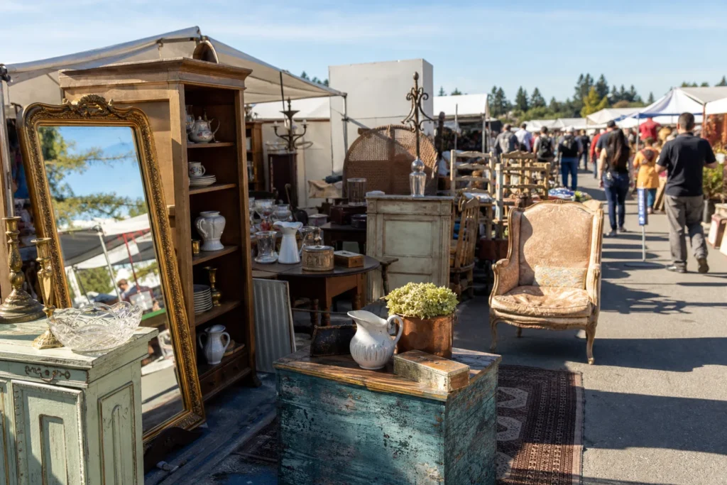 shoppers browsing antique and vintage market stalls at San Jose Flea Market in California, San Francisco