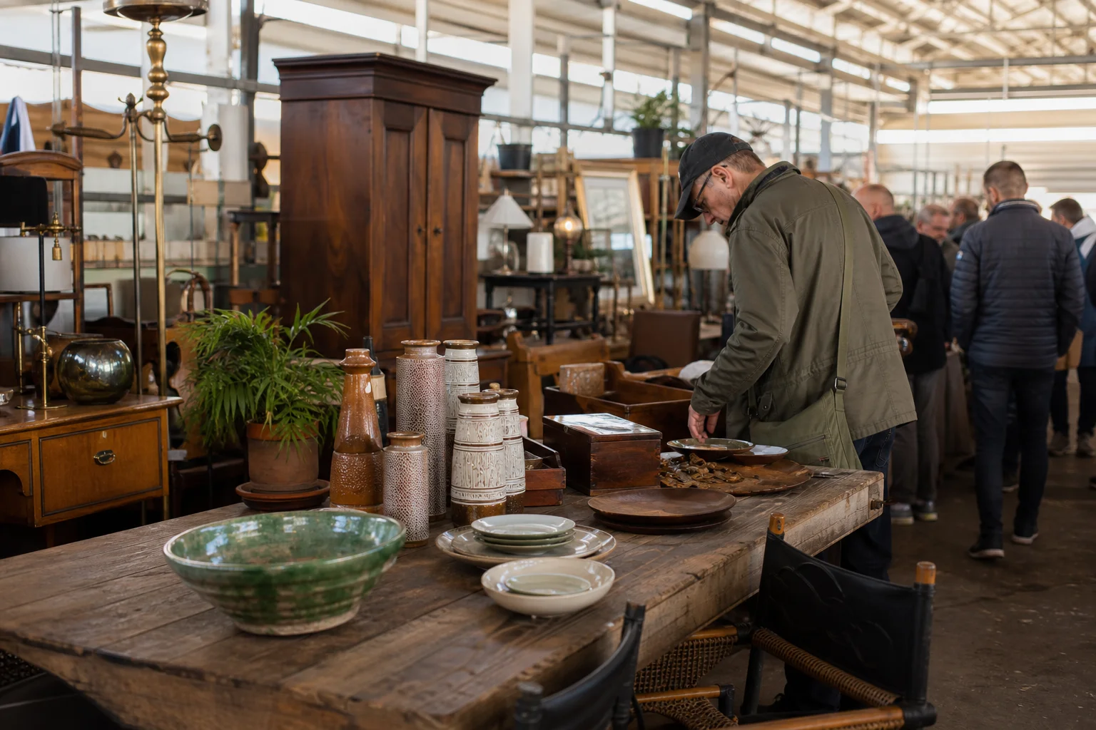 shoppers browsing antique and vintage market stalls at Sandown Antiques Home & Interiors Fair in United Kingdom