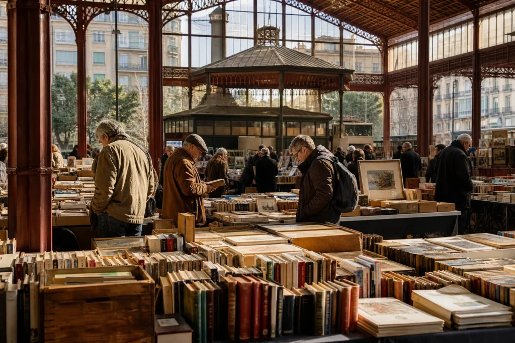 shoppers browsing antique and vintage market stalls at Sant Antoni Sunday Market in Spain