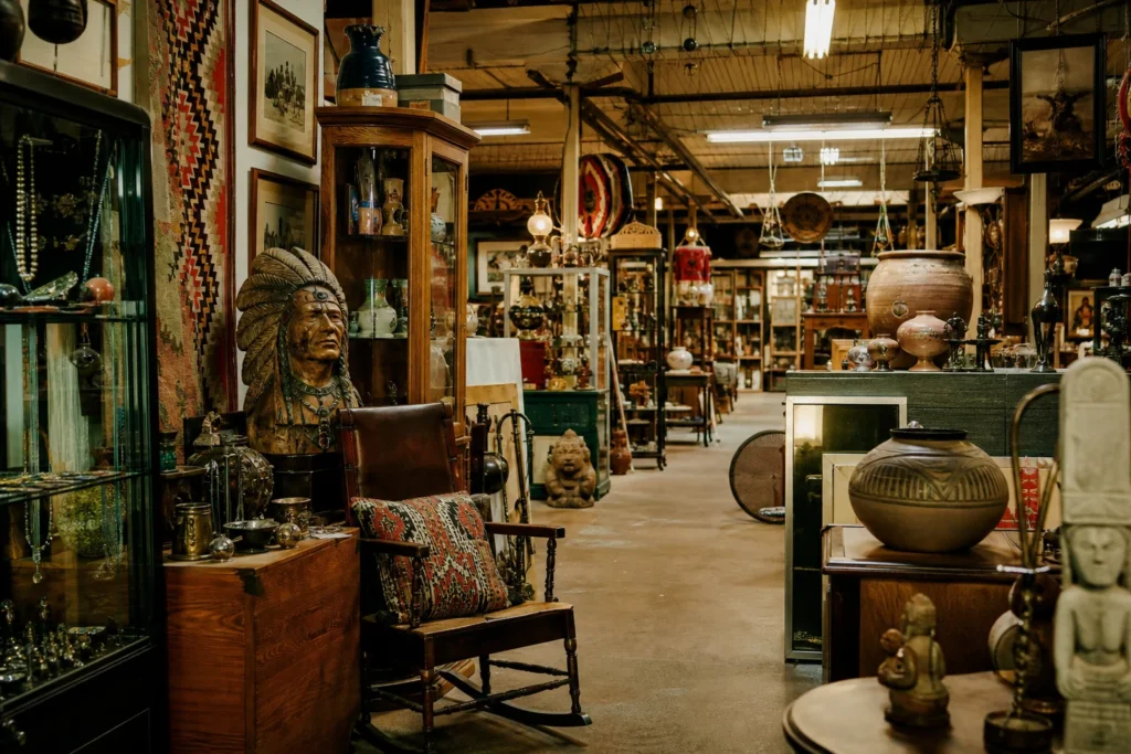 shoppers browsing antique and vintage market stalls at Santa Fe Antique Mall in New Mexico