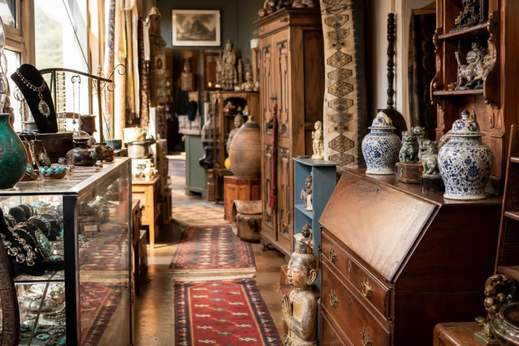 shoppers browsing antique and vintage market stalls at Santa Fe’s Antique District in New Mexico