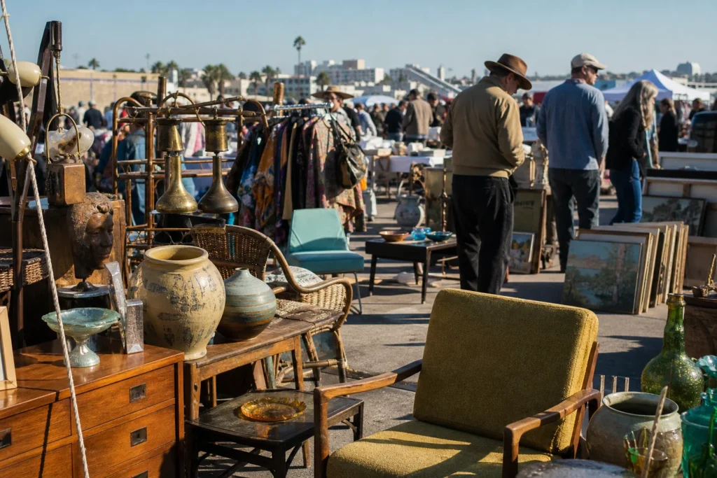 shoppers browsing antique and vintage market stalls at Santa Monica Airport Antique & Vintage Market in California, Los Angeles