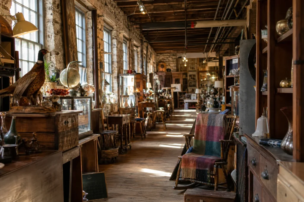shoppers browsing antique and vintage market stalls at Savage Mill Antique Center in Maryland