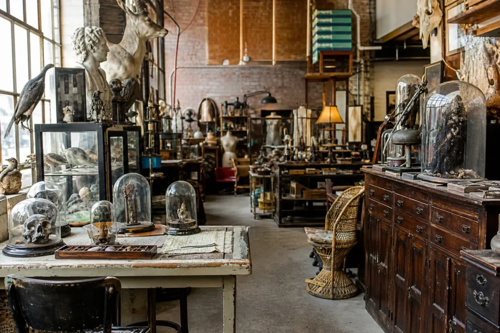 shoppers browsing antique and vintage market stalls at Scavenged P-Arts Antiques in Illinois