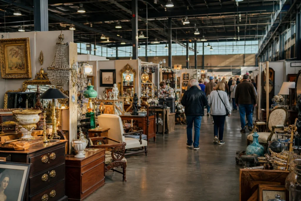shoppers browsing antique and vintage market stalls at Scott Antique Market Atlanta in Georgia