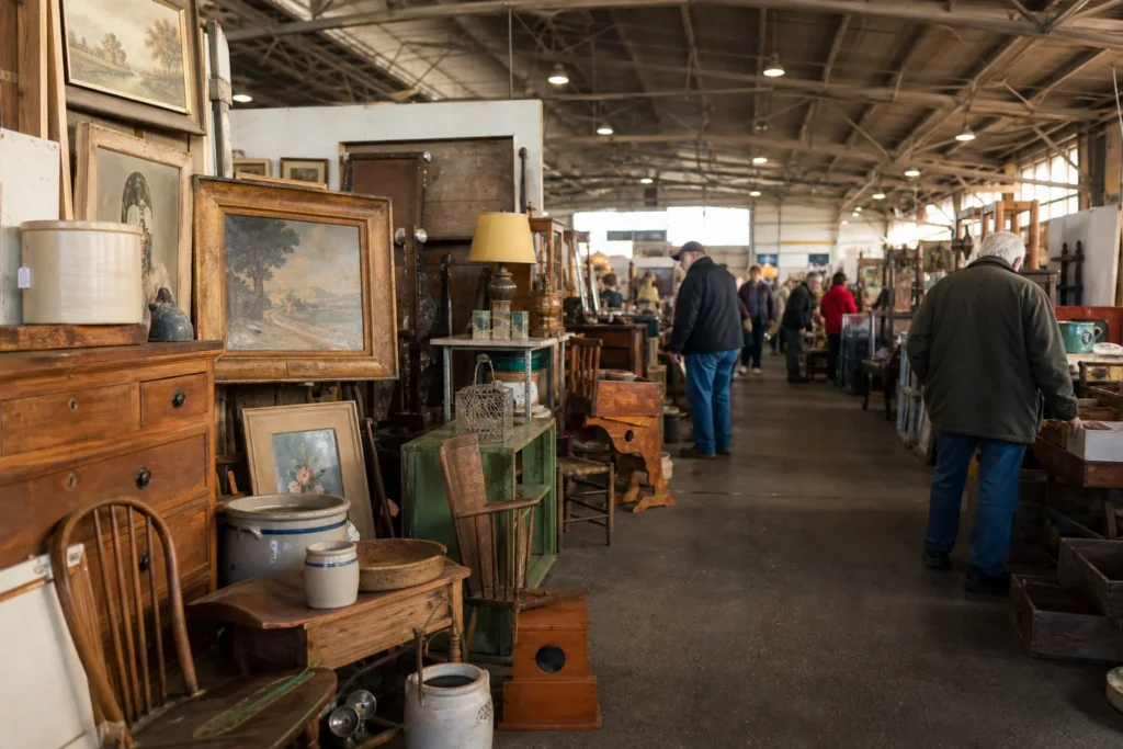 shoppers browsing antique and vintage market stalls at Scott Antique Market Columbus in Ohio