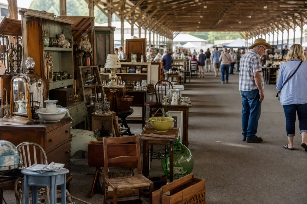 shoppers browsing antique and vintage market stalls at Scott Antique Market Washington Court House in Ohio