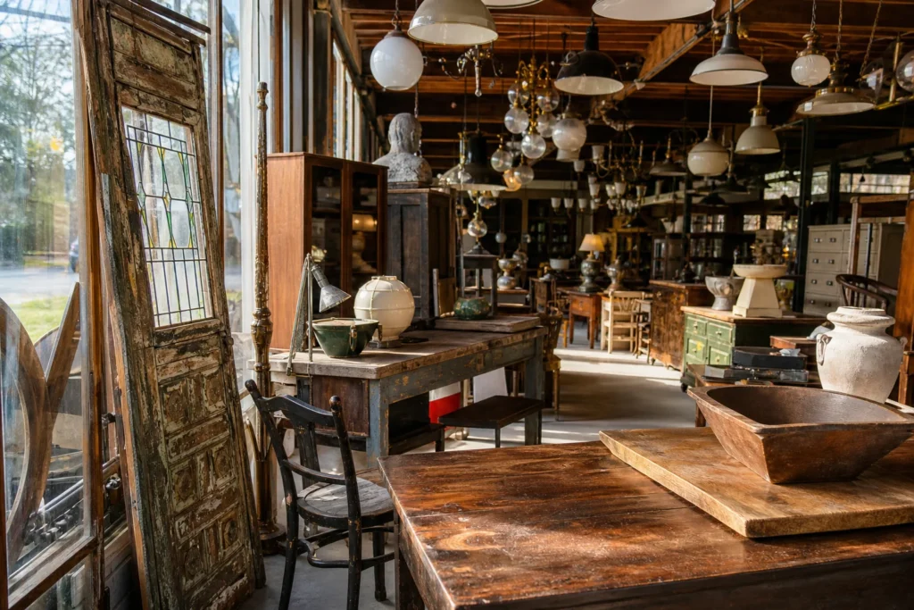 shoppers browsing antique and vintage market stalls at Scott Landon Antiques in British Columbia, Vancouver