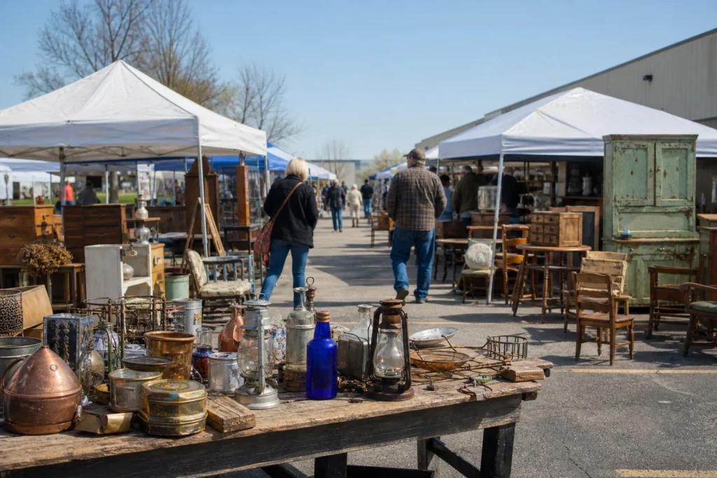 shoppers browsing antique and vintage market stalls at Scout Flea Market in Illinois