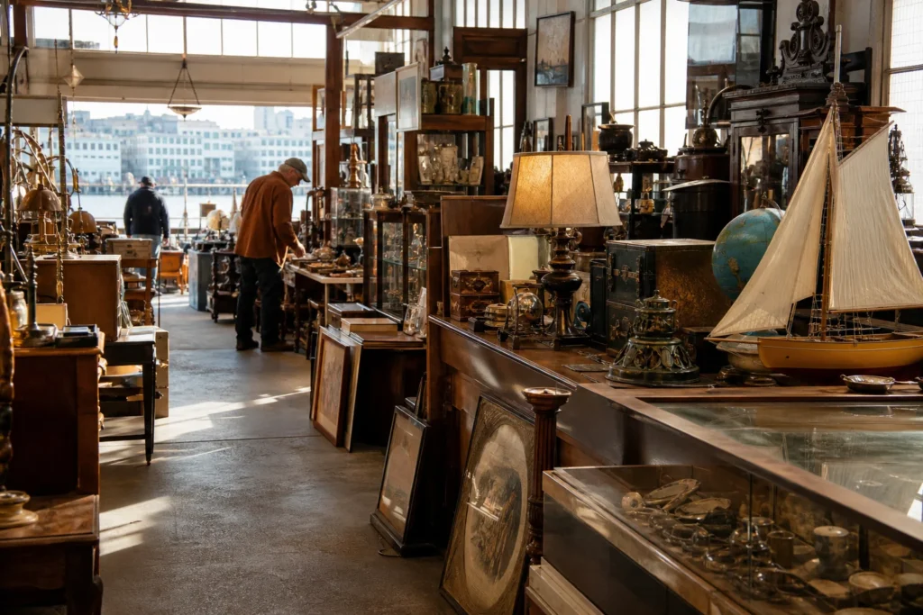 shoppers browsing antique and vintage market stalls at Seattle Antiques Market in Washington