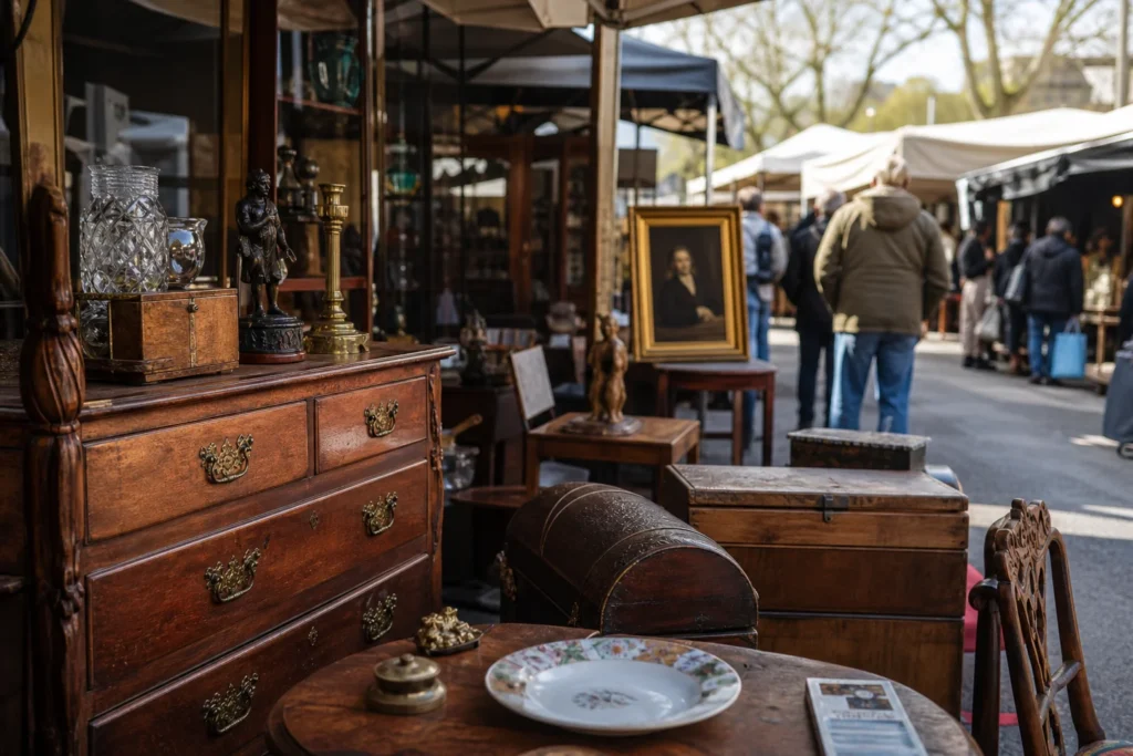 shoppers browsing antique and vintage market stalls at Selling Antiques