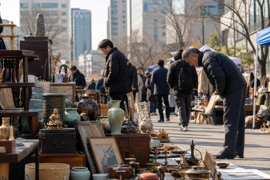 shoppers browsing antique and vintage market stalls at Seocho Flea Market – 서초 벼룩 시장 in South Korea
