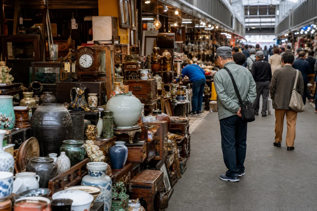 shoppers browsing antique and vintage market stalls at Seoul Folk Flea Market – 서울풍물시장 in South Korea