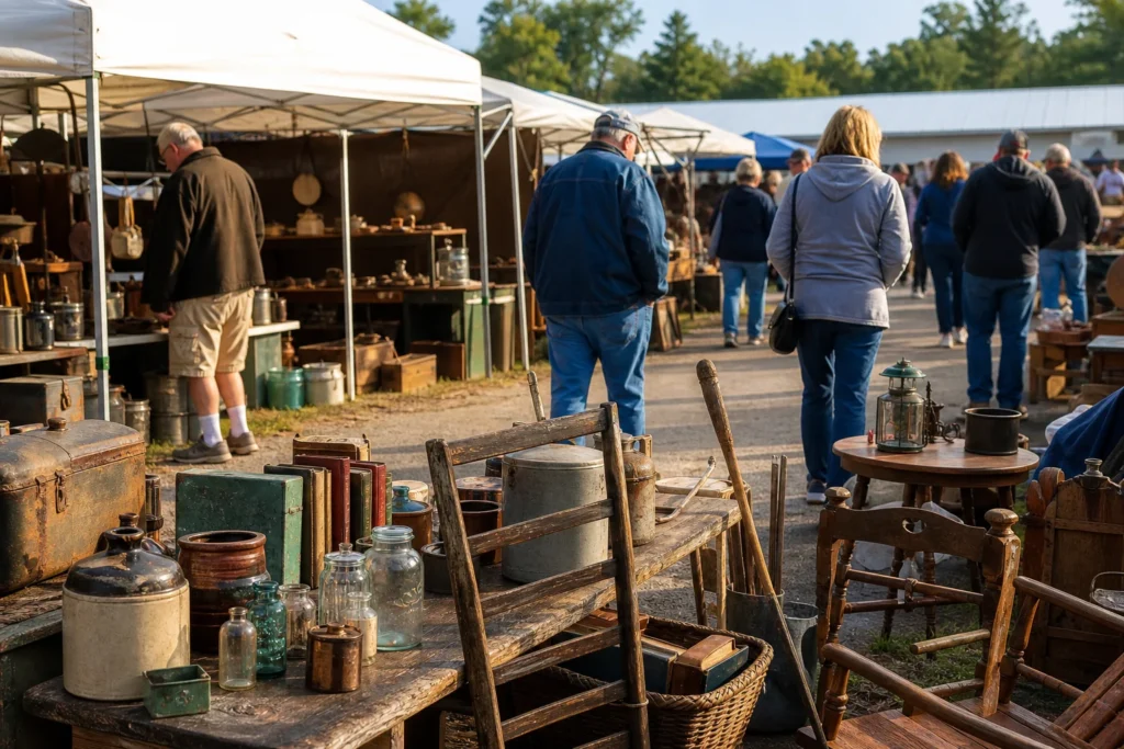 shoppers browsing antique and vintage market stalls at Shawano Wisconsin Flea Market