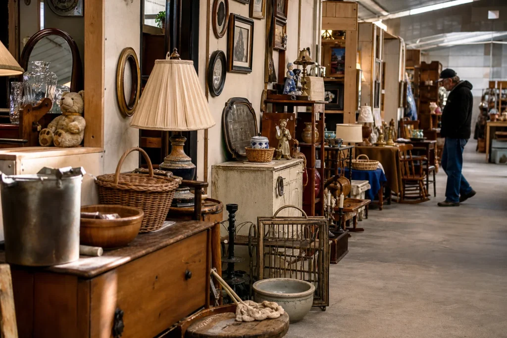 shoppers browsing antique and vintage market stalls at Shenandoah Valley Flea Market in Virginia