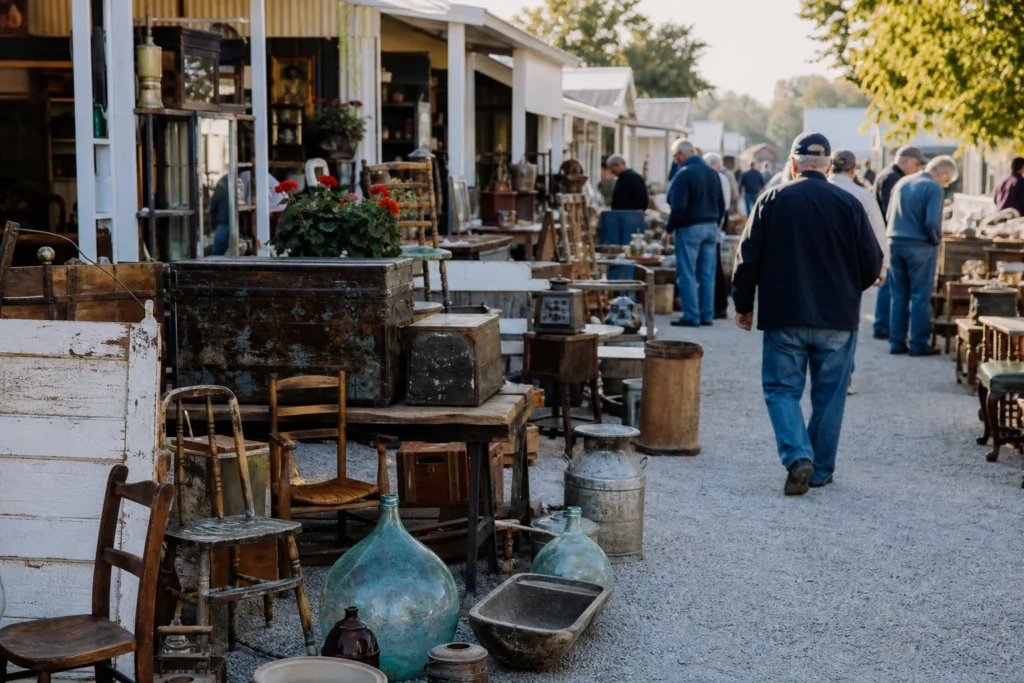 shoppers browsing antique and vintage market stalls at Shipshewana Auction & Flea Market in Indiana