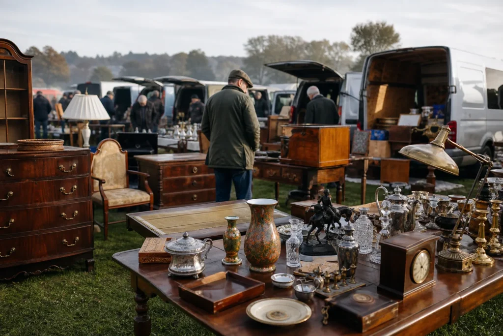 shoppers browsing antique and vintage market stalls at Shrewsbury Flea – Antique and Collectors Fair in United Kingdom