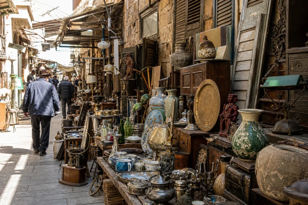 shoppers browsing antique and vintage market stalls at Shuk Hapishpeshim in Israel