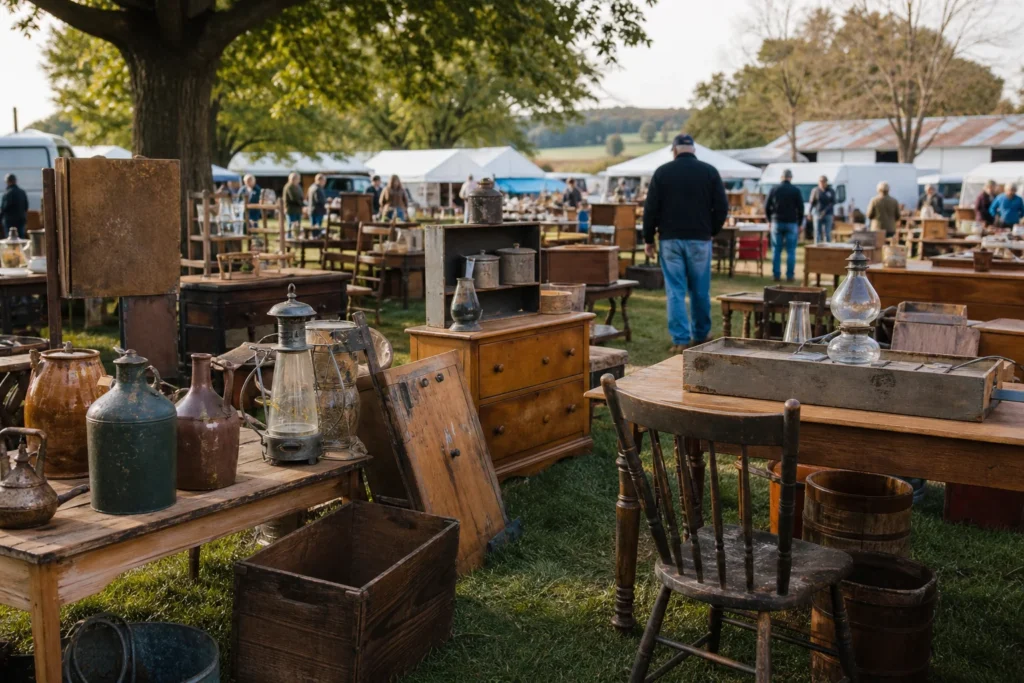 shoppers browsing antique and vintage market stalls at Shupp’s Grove Antique Market in Pennsylvania
