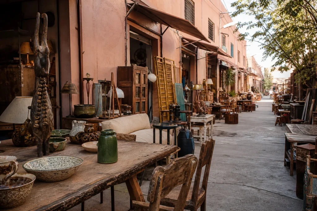 shoppers browsing antique and vintage market stalls at Sidi Ghanem’s Antique Shops in Marrakech, Morocco