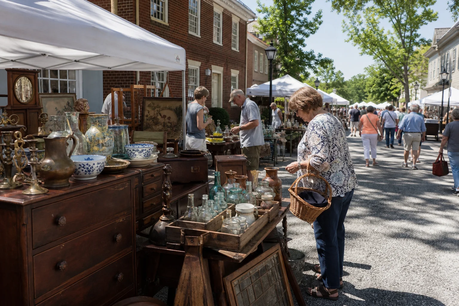 shoppers browsing antique and vintage market stalls at Smithfield Monthly Pickers Markets in Virginia