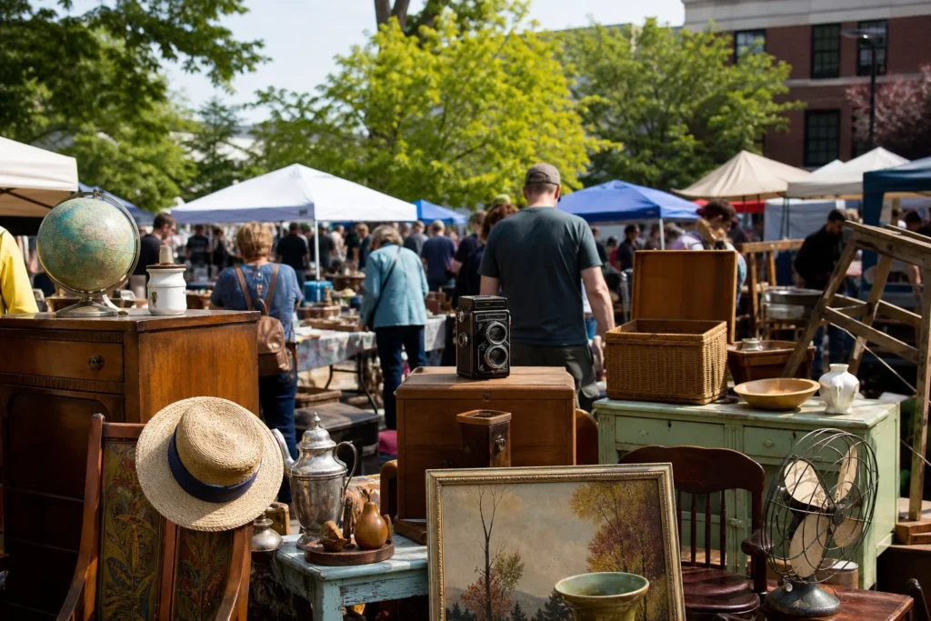 shoppers browsing antique and vintage market stalls at Sommerville Flea Market in Massachusetts